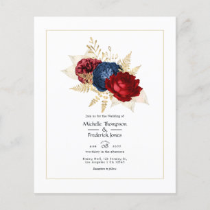 Prospectus 11,4 Cm X 14,2 Cm Faire-part de mariage floral Navy, Rouge et Or