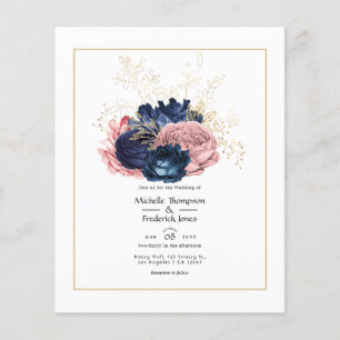 Prospectus 11,4 Cm X 14,2 Cm Faire-part de mariage floral rose, bleu marine et 