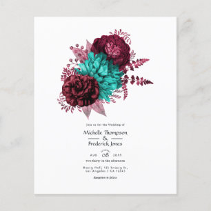 Prospectus 11,4 Cm X 14,2 Cm Faire-part de mariage floral turquoise et bourguig