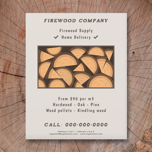 Prospectus 11,4 Cm X 14,2 Cm Flyer d'approvisionnement et de livraison en bois  (Firewood Supply & Delivery Flyer)