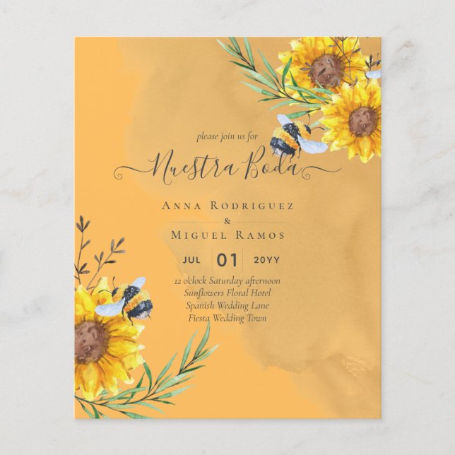 Prospectus 11,4 Cm X 14,2 Cm Girasoles de Invitación de Boda Económica Bilingüe (Devant)