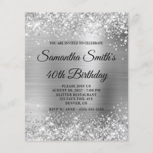 Prospectus 11,4 Cm X 14,2 Cm Glittery Silver Glam 40th Birthday Invitation Flye