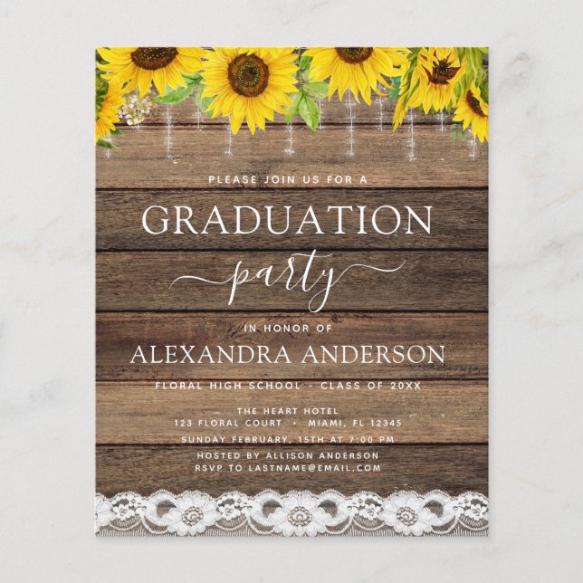 Prospectus 11,4 Cm X 14,2 Cm Graduation Budget Sunflower Rustic 2023 Invitation (Devant)