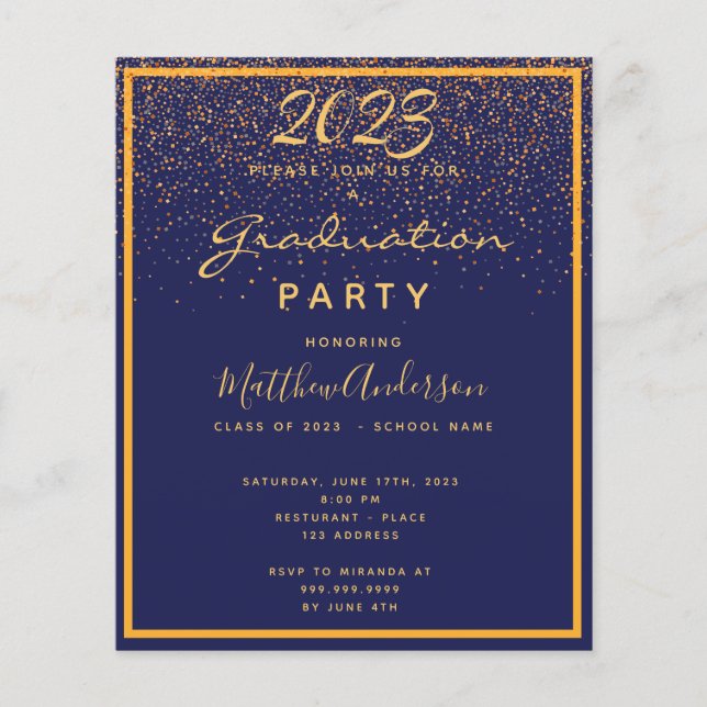 Prospectus 11,4 Cm X 14,2 Cm Graduation party or bleu 2023 invitation budgétair (Devant)
