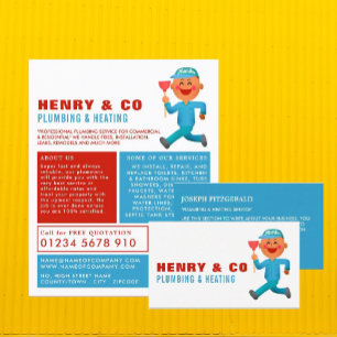 Prospectus 11,4 Cm X 14,2 Cm Happy Cartoon Plumber, Plumber, Plumbing Advert