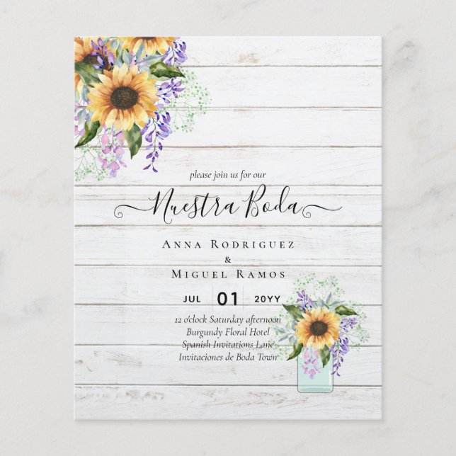 Prospectus 11,4 Cm X 14,2 Cm Invitacion Nuestra Boda Mariage espagnol SUNFLOWER (Devant)