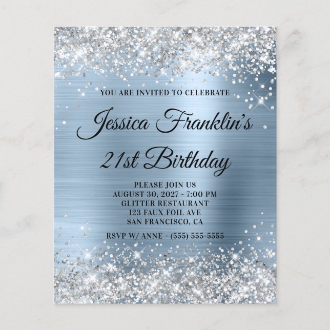Prospectus 11,4 Cm X 14,2 Cm Invitation argentée avec paillettes pour 21e anniv (Devant)