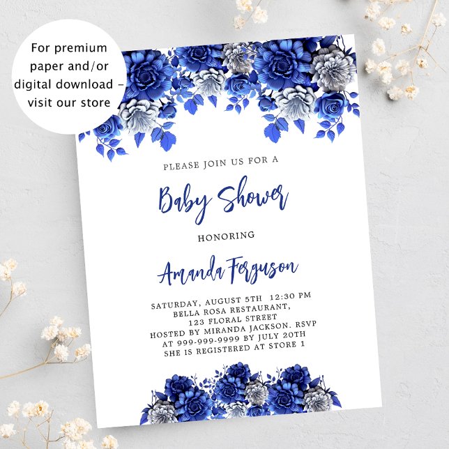 Prospectus 11,4 Cm X 14,2 Cm Invitation baby shower budget fleurs bleues royale (Créateur téléchargé)