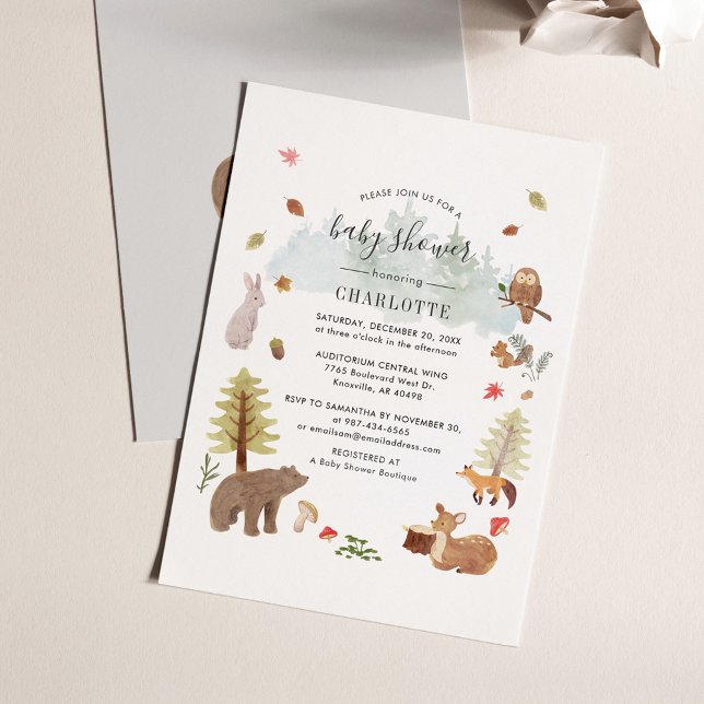 Prospectus 11,4 Cm X 14,2 Cm Invitation Baby shower des animaux des bois (Woodland Animals Script Baby Shower Invitation)