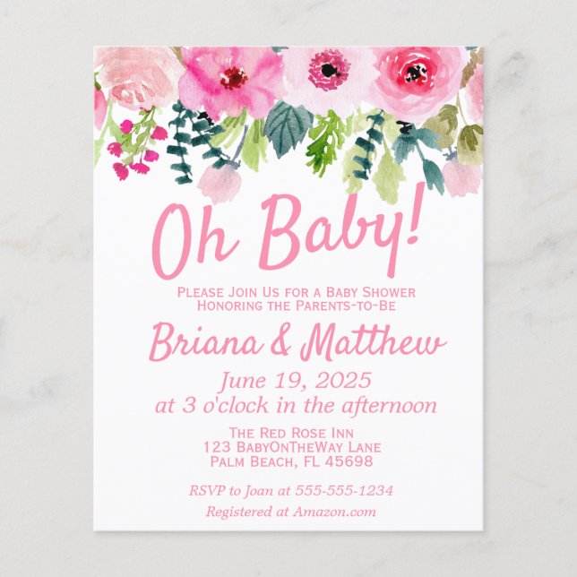 Prospectus 11,4 Cm X 14,2 Cm Invitation Baby shower floral rose budget (Devant)