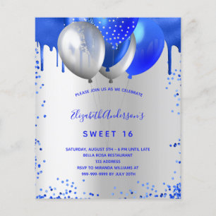 Prospectus 11,4 Cm X 14,2 Cm Invitation budget bleu royal et argent pour 16 ans