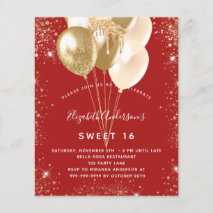 Prospectus 11,4 Cm X 14,2 Cm Invitation budgétaire pour 16 ans avec ballons rou