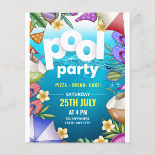 Prospectus 11,4 Cm X 14,2 Cm Invitation d'anniversaire Fête de Piscine, Fête d'