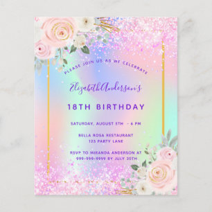 Prospectus 11,4 Cm X 14,2 Cm Invitation d'anniversaire rose violet pailleté flo