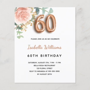 Prospectus 11,4 Cm X 14,2 Cm Invitation de budget pour les 60 ans avec rose et 