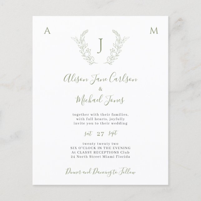 Prospectus 11,4 Cm X 14,2 Cm Invitation de mariage à monogramme avec verdure de (Devant)