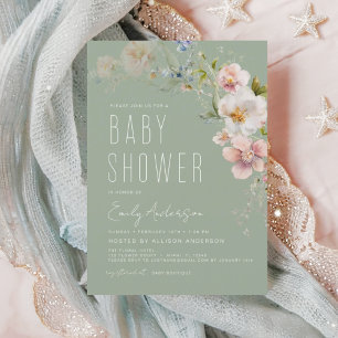 Prospectus 11,4 Cm X 14,2 Cm Invitation du Fleur sauvage de Baby shower Sage Gr