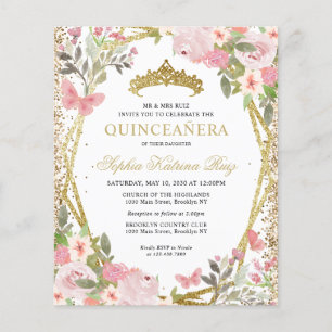 Prospectus 11,4 Cm X 14,2 Cm Invitation Floral Blush or Tiara Quinceañera pas c