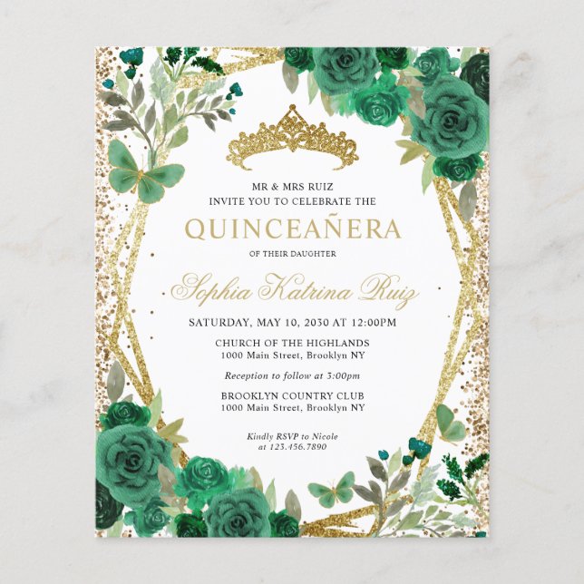 Prospectus 11,4 Cm X 14,2 Cm Invitation Floral Green Gold Tiara Quinceañera pas (Devant)