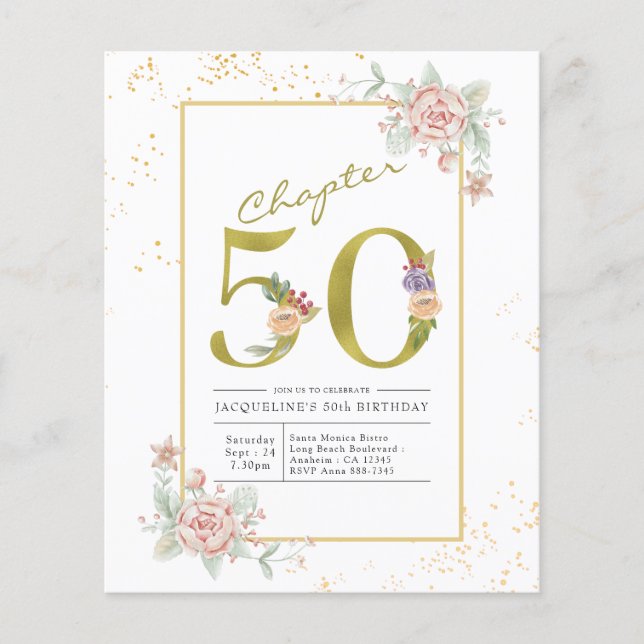 Prospectus 11,4 Cm X 14,2 Cm Invitation florale de script d'or pour 50e anniver (Devant)