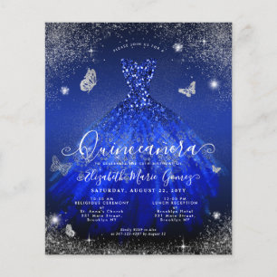 Prospectus 11,4 Cm X 14,2 Cm Invitation Quinceanera Royal Blue Silver Gown pas 