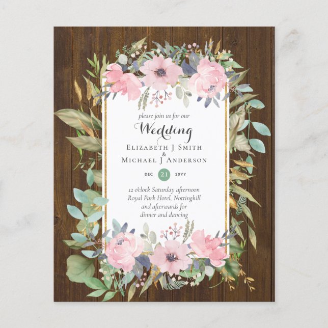 Prospectus 11,4 Cm X 14,2 Cm Invitations de mariage floral rose rose BUDGET (Devant)
