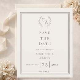 Prospectus 11,4 Cm X 14,2 Cm Ivory monogrammed wreath wedding Save the Date