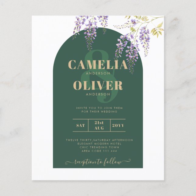 Prospectus 11,4 Cm X 14,2 Cm LeahG Green Purple Gold WISTERIA Wedding INVITE (Devant)