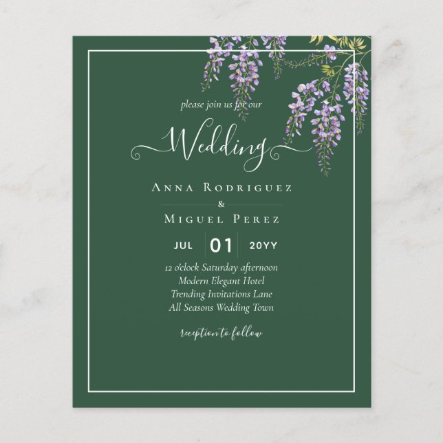 Prospectus 11,4 Cm X 14,2 Cm LeahG Green Purple WISTERIA Wedding INVITE (Devant)