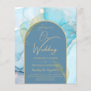 Prospectus 11,4 Cm X 14,2 Cm LeahG Verre de mer Encre d'or Aqua Blue Wedding IN