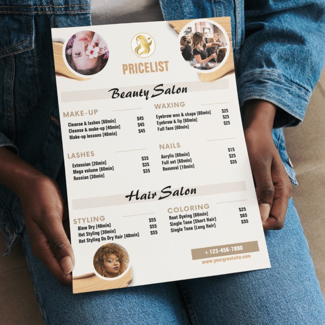 Prospectus 11,4 Cm X 14,2 Cm Liste de prix du service de beauté - Or minimalist (Beauty Service Price List Flyer - Minimalist Gold Salon Design)