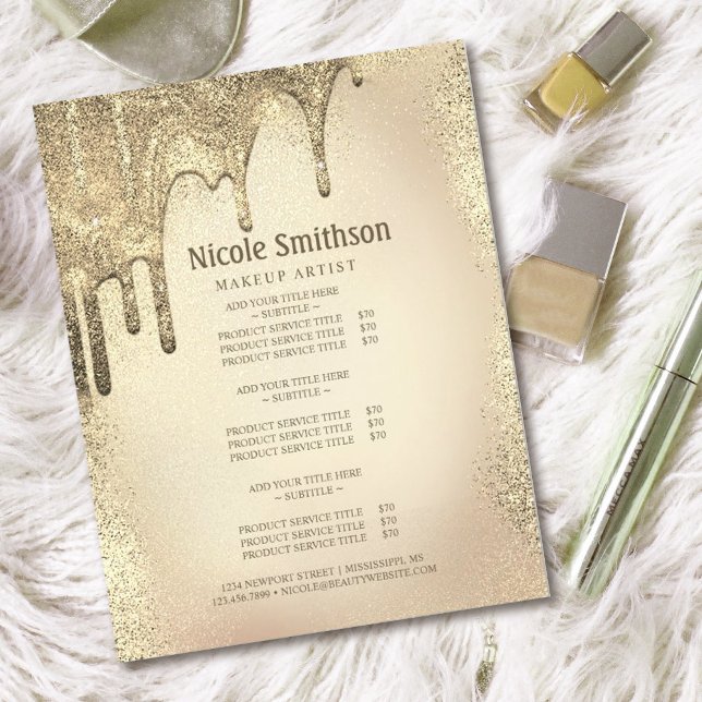 Prospectus 11,4 Cm X 14,2 Cm Liste de services de l'artiste maquilleuse Gold Gl (#glamourscakebakery #dripglittergold #golden #glittergold #pricelist #makeartistflyer #cakeshopflyer)