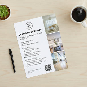 Prospectus 11,4 Cm X 14,2 Cm Logo Photo QR Services de Nettoyage Blanc Moderne