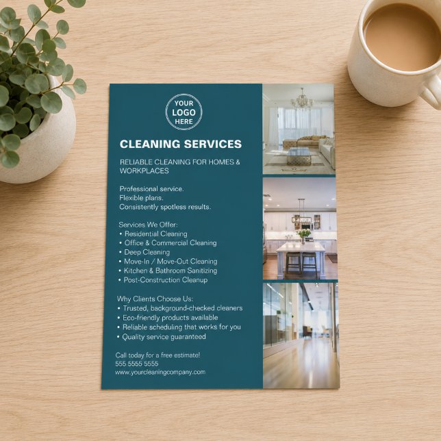 Prospectus 11,4 Cm X 14,2 Cm Logo Photo Services de Nettoyage Modernes Sarcelle (Modern Cleaning Services Photo Logo Teal Flyer)