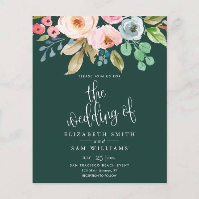 Prospectus 11,4 Cm X 14,2 Cm Mariage Budget Inviter Floral Green Emerald (Devant)