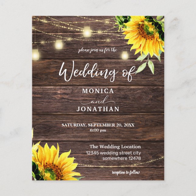 Prospectus 11,4 Cm X 14,2 Cm Mariage Budget Sunflower Wood, Mason String Lights (Devant)