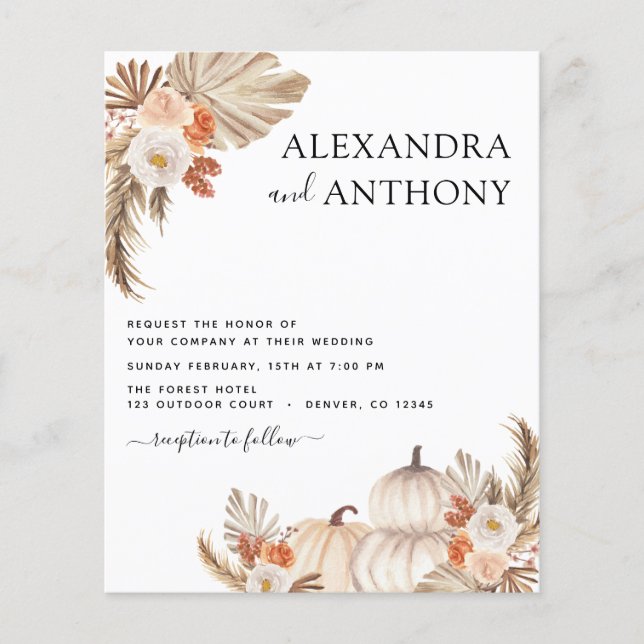 Prospectus 11,4 Cm X 14,2 Cm Mariage de automne Budget Citrouilles Pampas Grass (Devant)