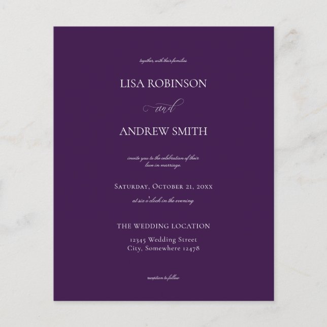 Prospectus 11,4 Cm X 14,2 Cm Mariage de calligraphie violet foncé du budget (Devant)
