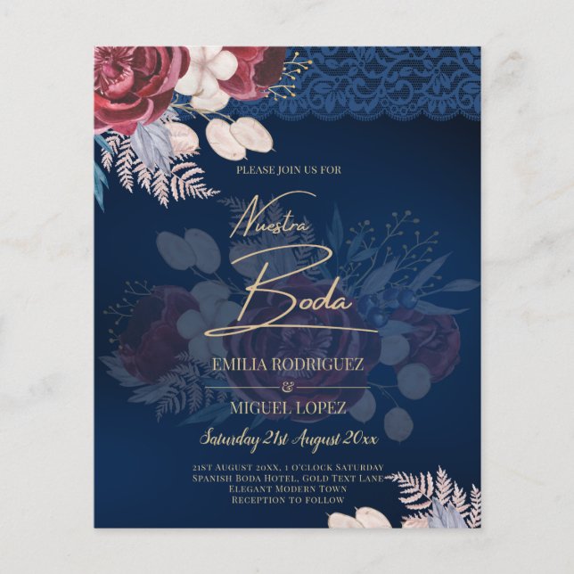 Prospectus 11,4 Cm X 14,2 Cm Mariage de dentelle florale bleu Bourgogne moderne (Devant)