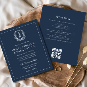 Prospectus 11,4 Cm X 14,2 Cm Mariage de monogramme bleu marine QR Code Invitati