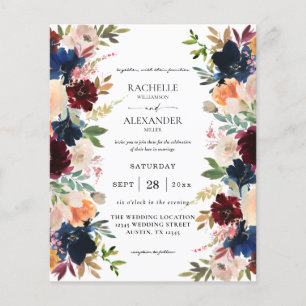 Prospectus 11,4 Cm X 14,2 Cm Mariage floral Budget Marine, Bourgogne, Rose et P