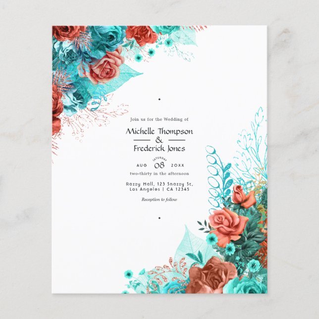 Prospectus 11,4 Cm X 14,2 Cm Mariage floral rustique turquoise et corail (Devant)