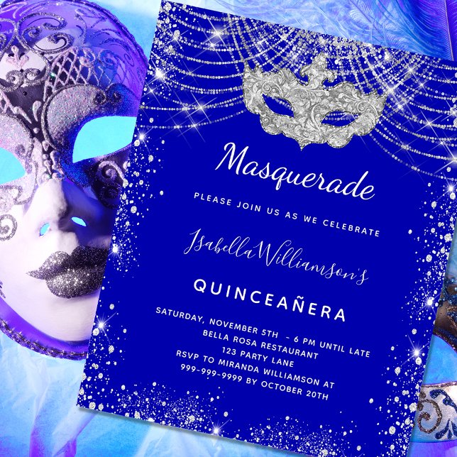 Prospectus 11,4 Cm X 14,2 Cm Masquerade bleu royal Quinceanera invitation (Créateur téléchargé)