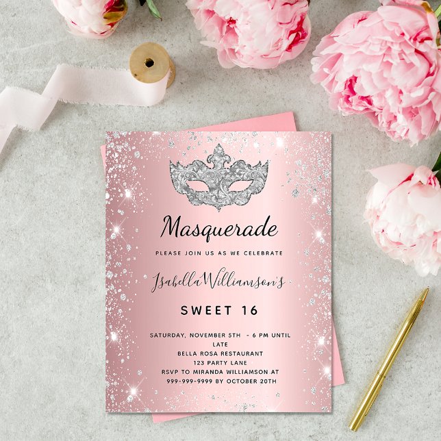 Prospectus 11,4 Cm X 14,2 Cm Masquerade rose argent Sweet 16 invitation budget (Créateur téléchargé)