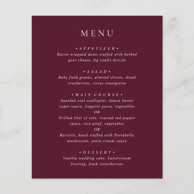 Prospectus 11,4 Cm X 14,2 Cm Menu de mariage classique élégant bordeaux profond (Devant)