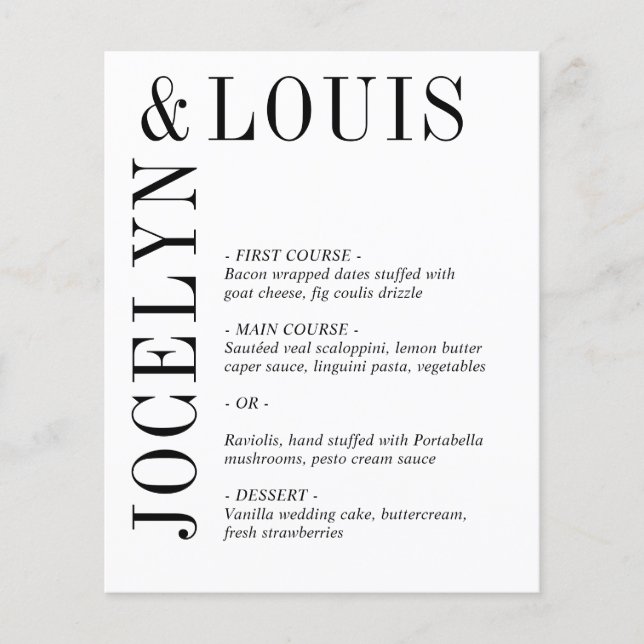 Prospectus 11,4 Cm X 14,2 Cm Menu de mariage moderne noir et blanc audacieux (Devant)