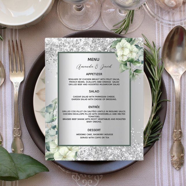 Prospectus 11,4 Cm X 14,2 Cm Menu mariage budget floraux blancs en argent (Créateur téléchargé)