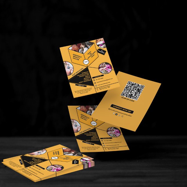 Prospectus 11,4 Cm X 14,2 Cm Moderne Noir doré Jaune Personnalisé Beauté Salon  (Créateur téléchargé)