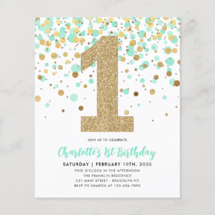 Prospectus 11,4 Cm X 14,2 Cm Monnaie verte or Confetti fille 1er anniversaire