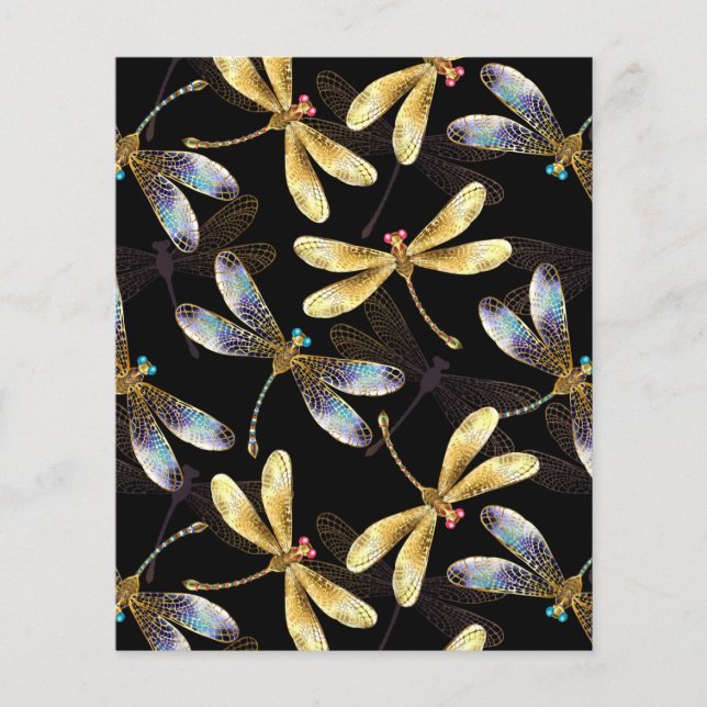 Prospectus 11,4 Cm X 14,2 Cm Motif sans couture avec libellules d'or (Devant)